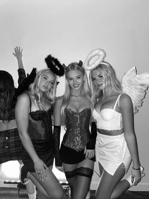 Picture tagged with: Skinny, American, Black and White, Blonde, Emily - emilyycutiexo, Smiling, 3 girls, Cute, Lingerie