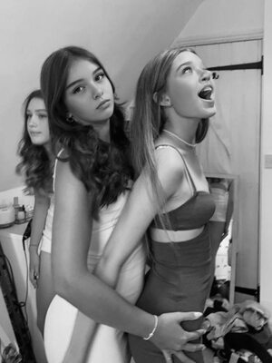 Picture tagged with: Skinny, American, Blonde, Brunette, Emily - emilyycutiexo, Eyes, Smiling, 3 girls, Cute, Lingerie